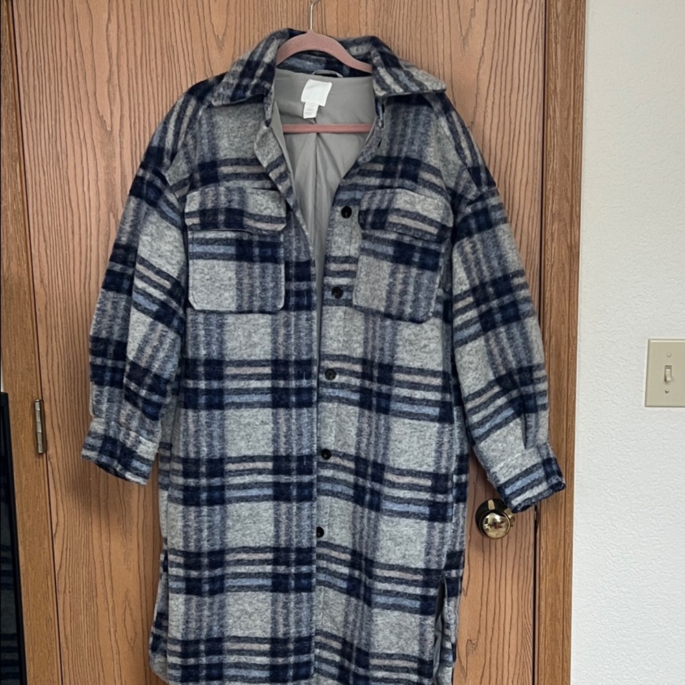 H&M Gray and Blue Plaid Trench Coat